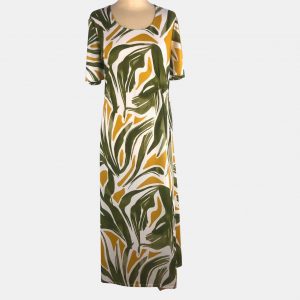 Vestido largo estampado verde y mostaza con fruncido en lateral