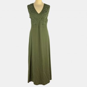Vestido largo con labrado con cordón en verde caqui