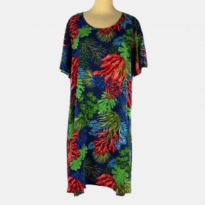 Vestido azul marino con estampado floral multicolor con picos laterales asimétricos