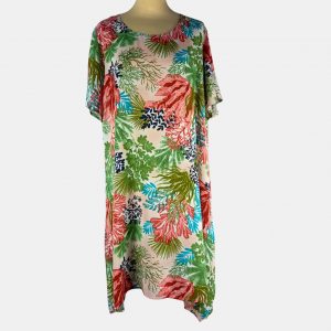 Vestido blanco manga corta con estampado floral multicolor y picos laterales asimétricos