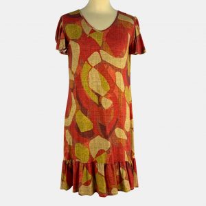 Vestido naranja volante con dibujos verde y beige