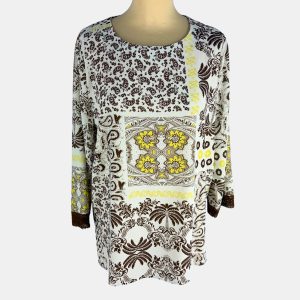 Blusa dibujos marrón y lima con manga puntilla en marrón