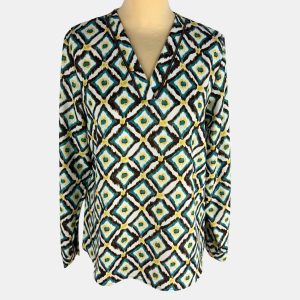 Blusa manga larga dibujos geométricos en color marrón, lima y verde