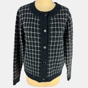 Rebeca/chaqueta de punto negra y blanca con lentejuelas y dibujo de cuadros